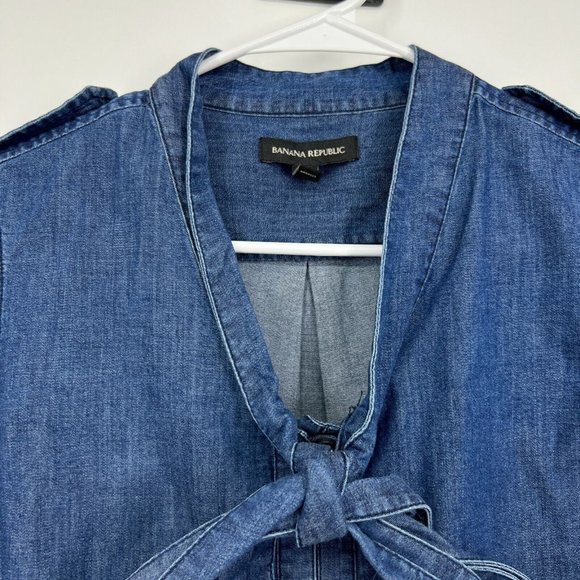 Banana Republic Shirt Blue Denim Tie Neck Button Down Popover Top - Picture 5 of 12